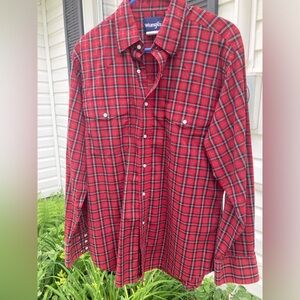 Wrangler Men’s Pearl Snap Button Down Shirt Red Plaid Cowboy Long Sleeve Sz L